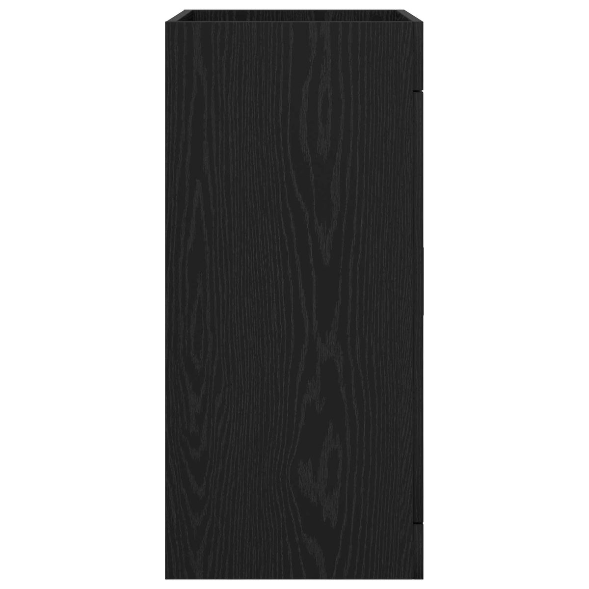Side view of the black oak bathroom vanity unit showing the wood grain texture