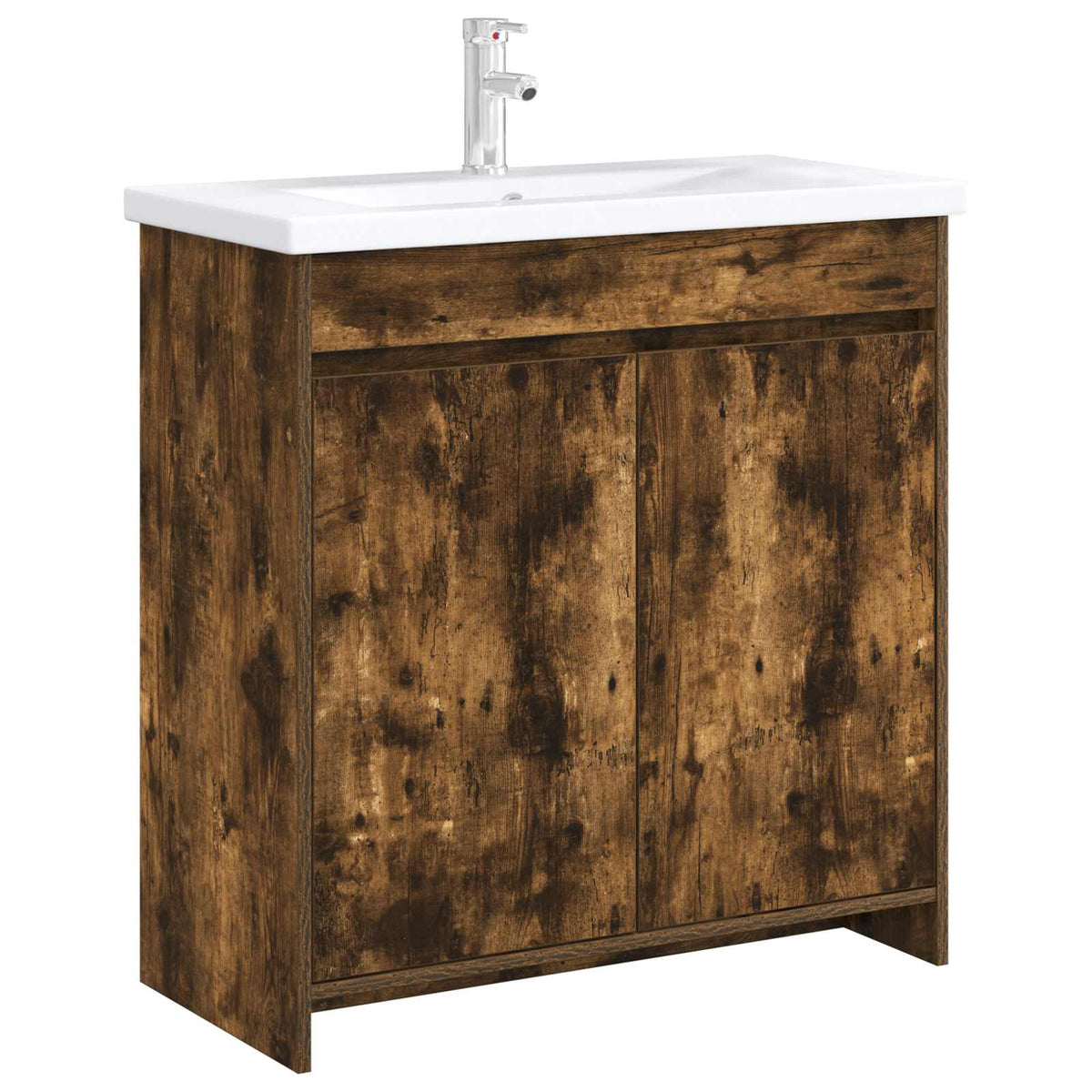 The bathroom vanity unit featuring a white ceramic sink basin and a chrome tap on top