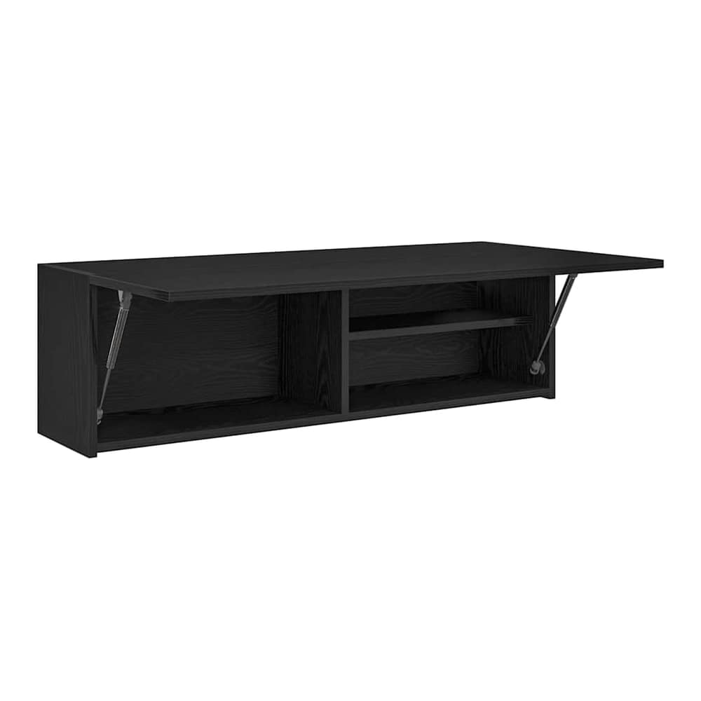 The black wall cabinet has both doors open showing internal shelving and storage