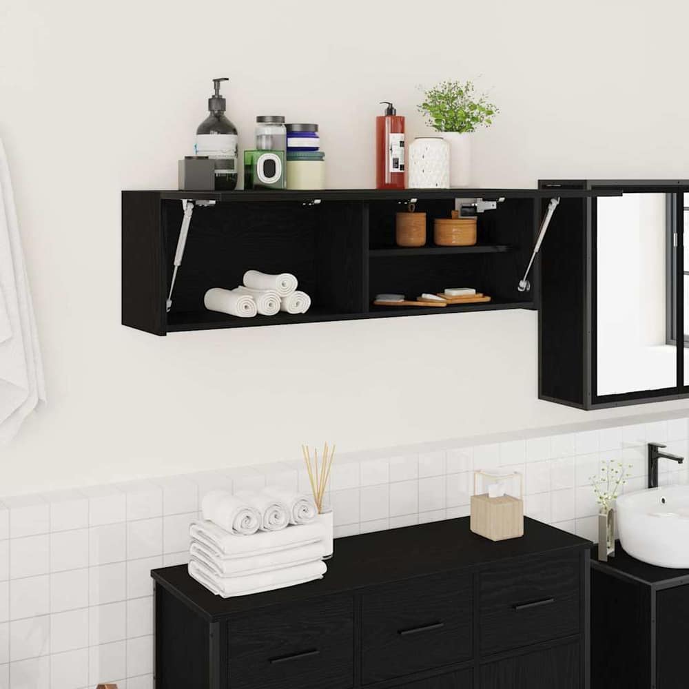 vidaXL Bathroom Wall Cabinet Black Engineered Wood with doors open showing storage inside