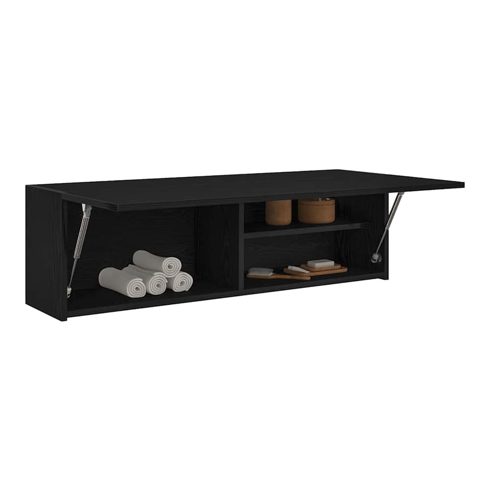 The black wall cabinet has one door open revealing two shelves and rolled towels