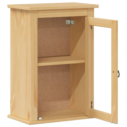 Pine wood bathroom wall cabinet with door ajar showing interior shelves