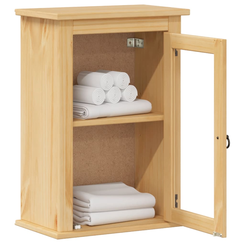 Pine wood bathroom wall cabinet with door open showing shelves and towels