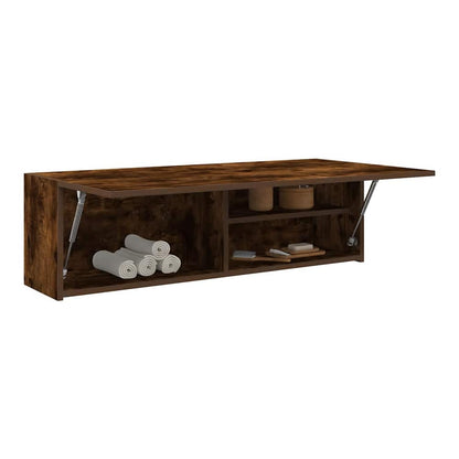 Bathroom vanity unit with both doors open, revealing storage shelves and rolled towels