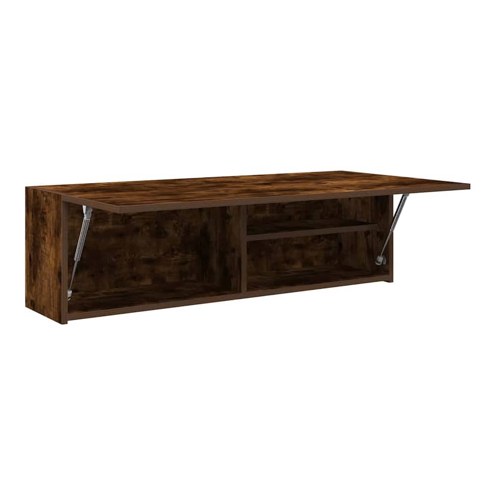 Bathroom vanity unit with one door open, showing internal shelves and contents