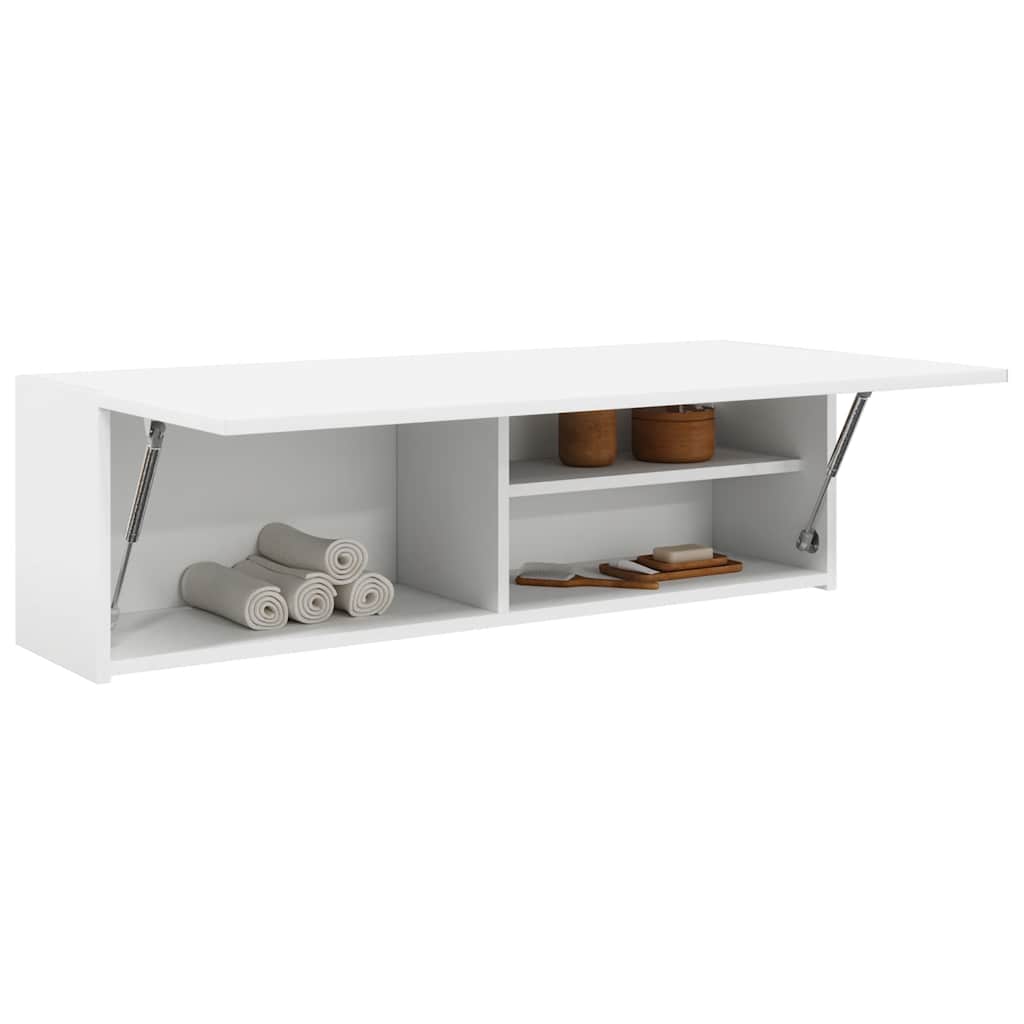 A white bathroom vanity unit with two open shelves and two doors, showing storage space