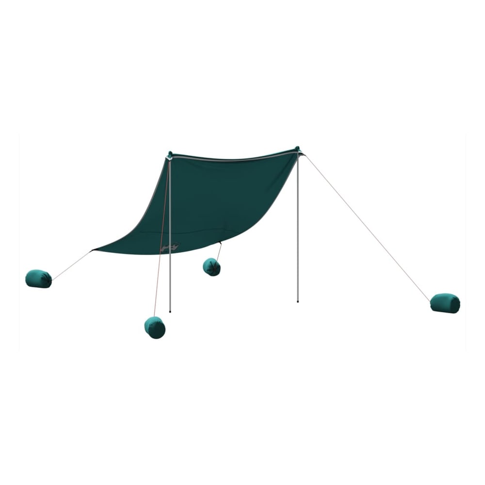 the beach canopy in dark green with sand anchors attached to the guy ropes