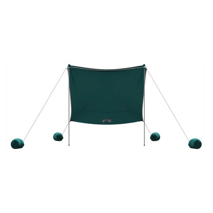the beach canopy in dark green viewed from the front with sand anchors
