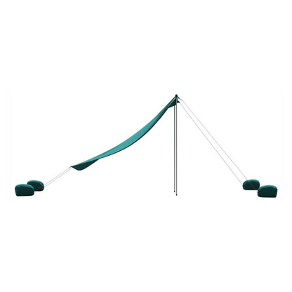 the beach canopy in dark green viewed from the side with sand anchors