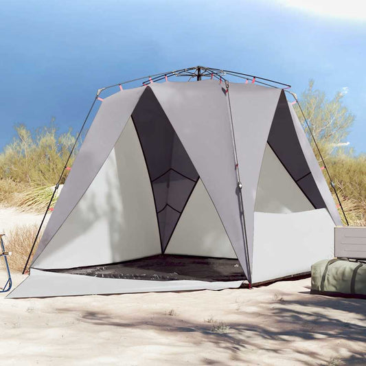 vidaXL Beach Tent 4-Person Grey Quick Release Waterproof set up on a sandy beach