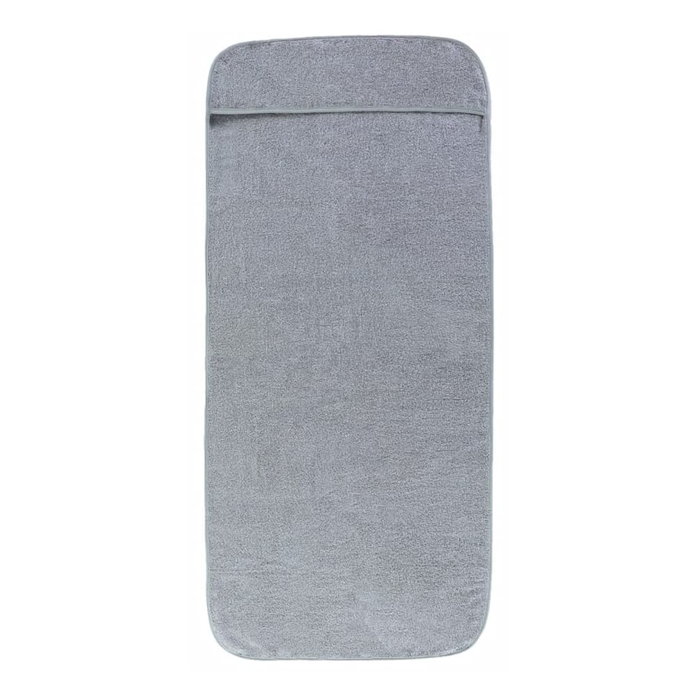 A single grey beach towel with a pocket at the top, laid flat