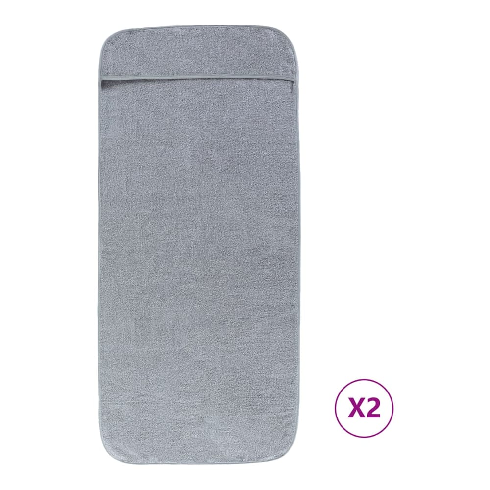 Two grey beach towels, one on top of the other, with a pocket at the top