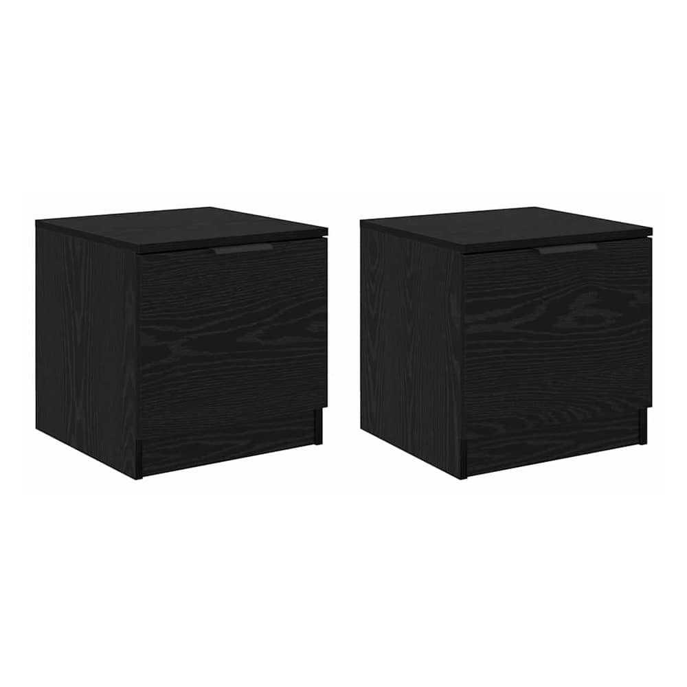 Two black oak bedside cabinets shown together on a white background