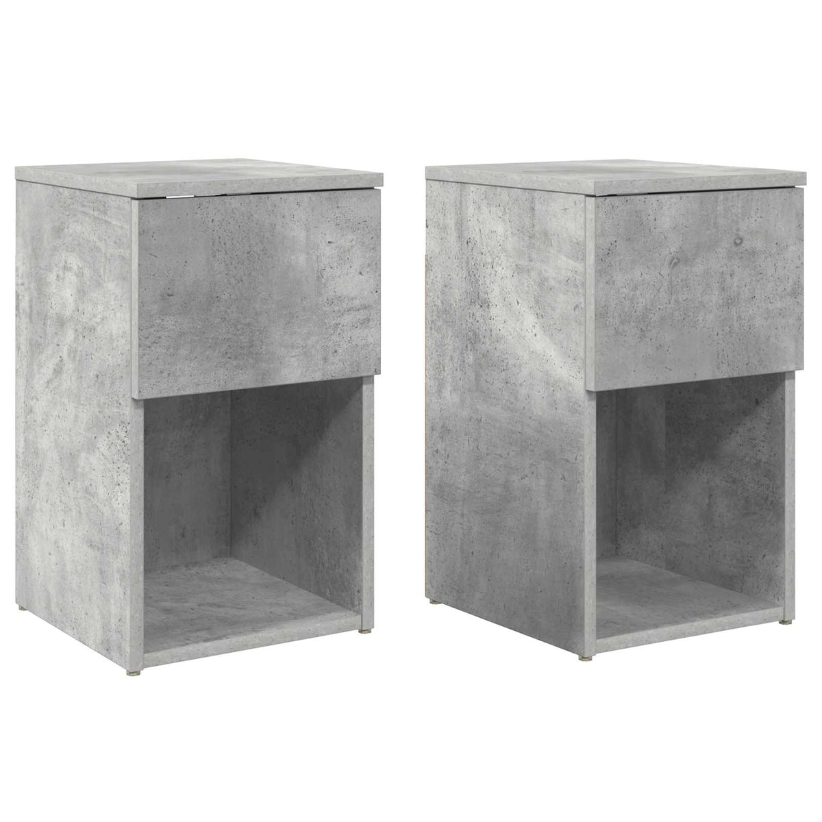 Two concrete grey bedside cabinets shown from the front against a white background