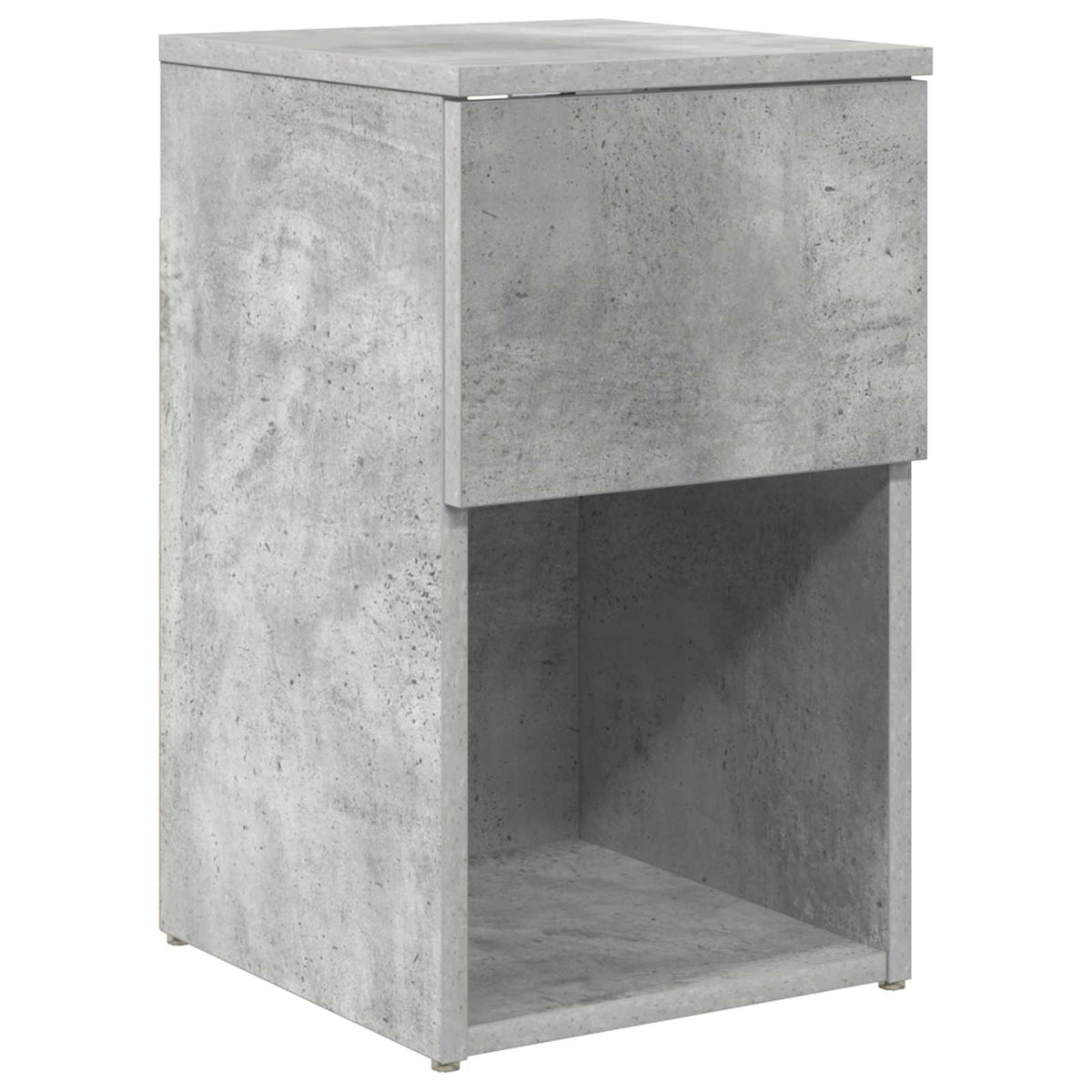 the bedside table viewed from the front corner showing the concrete effect finish