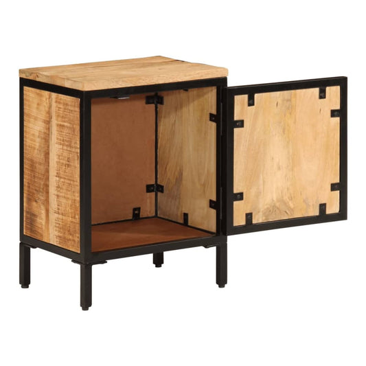 The bedside cabinet with the door open showing the empty interior storage space
