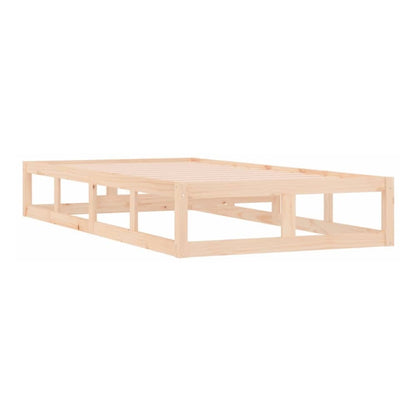 the bed frame, a low wooden bed base with no mattress