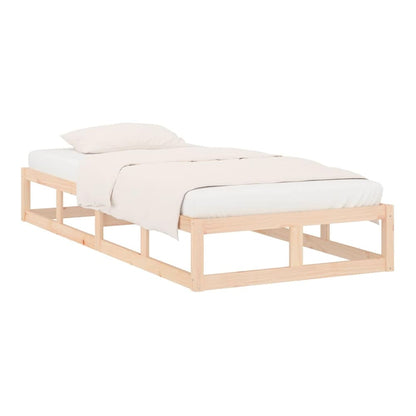 the solid wood bed frame, a single bed base with bedding