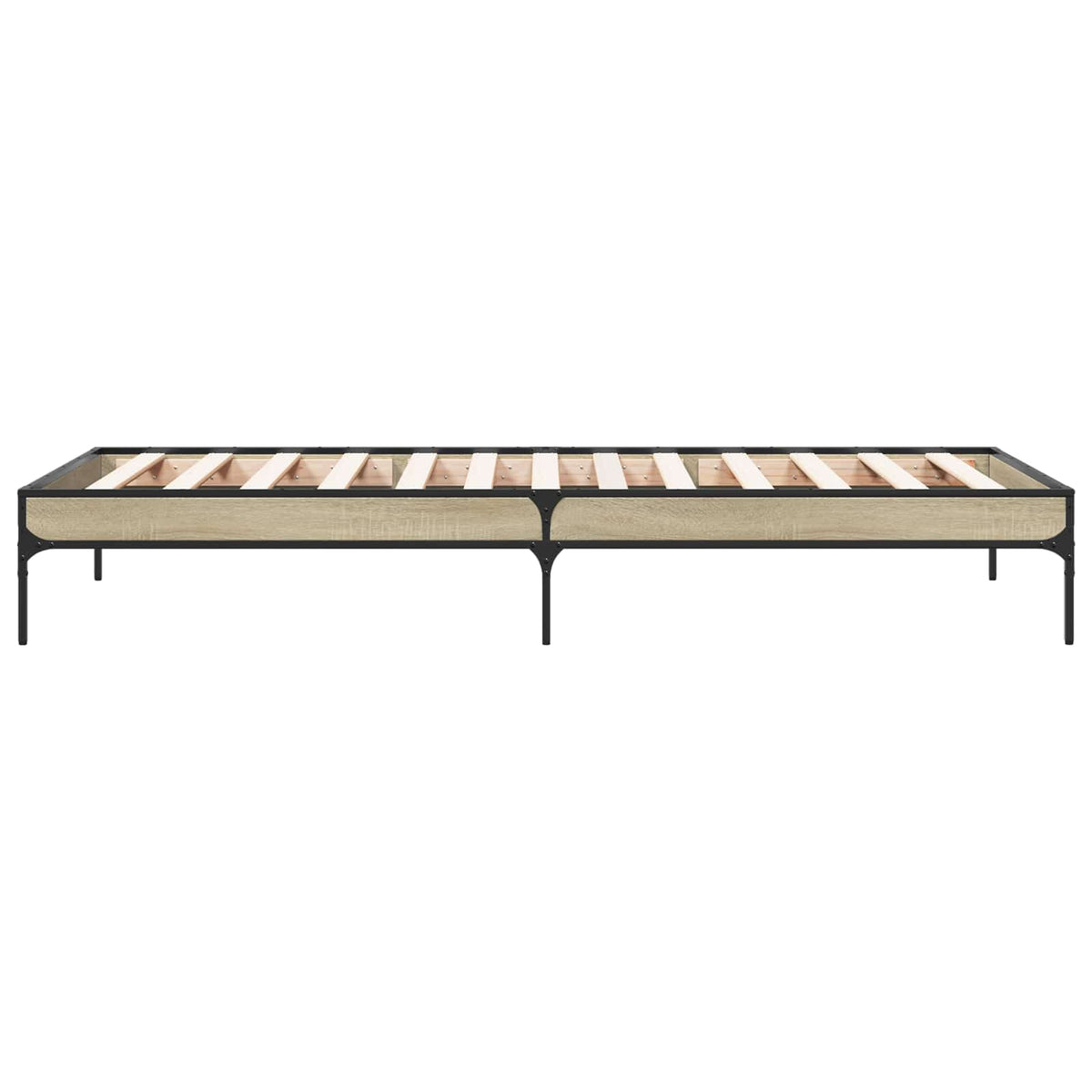 the bed frame seen from the side showing the long wooden side rail and metal frame