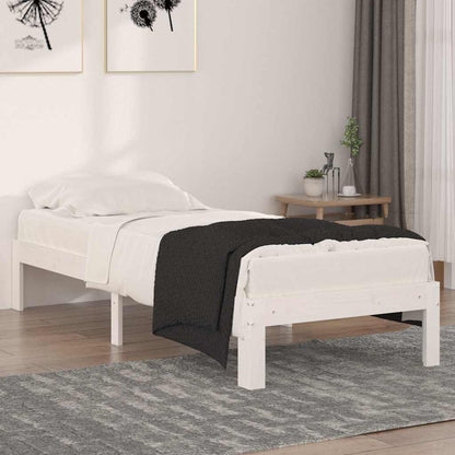 vidaXL Bed Frame without Mattress White Small Single in a bedroom setting with white bedding and a black throw
