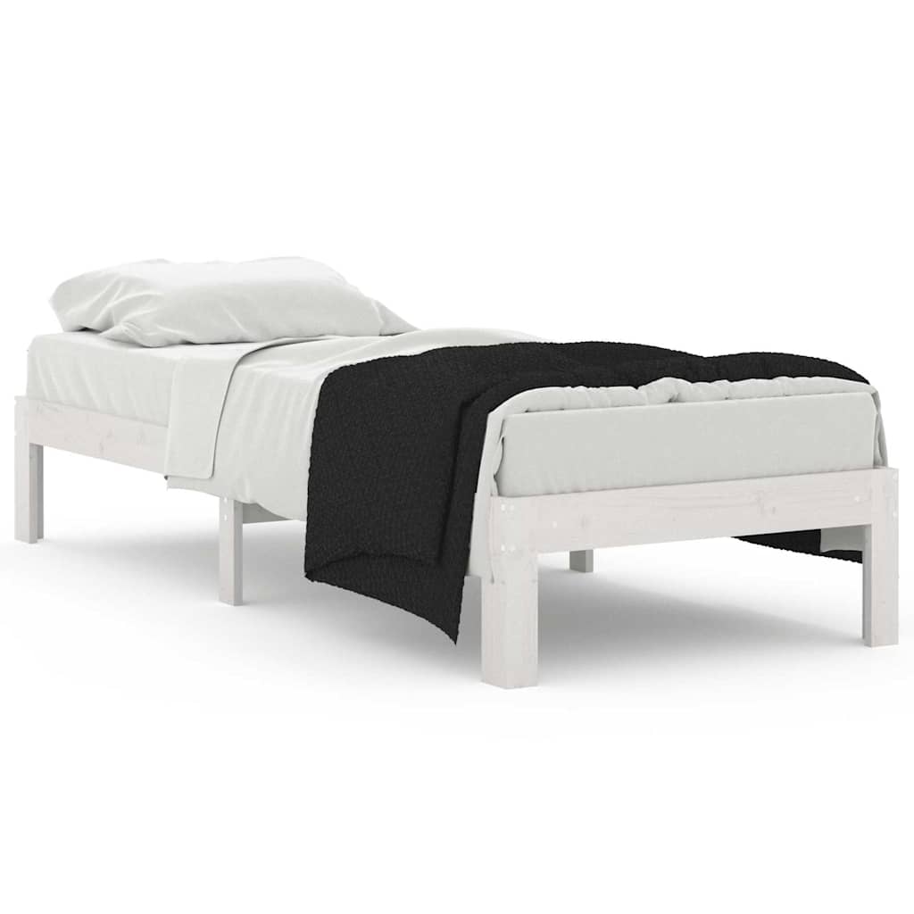 The white wooden bed frame without a mattress is shown from a three-quarter angle on a white background