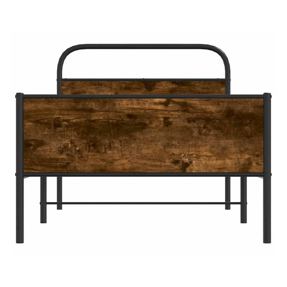 Front view of the bed frame without mattress with black metal frame and wooden effect headboard