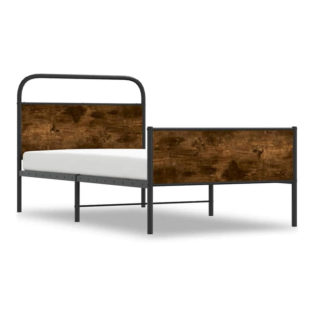 The bed frame without mattress has a black metal frame and wooden effect side panels