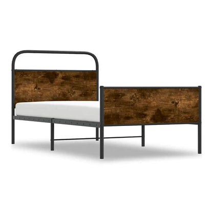 The bed frame without mattress has a black metal frame and wooden effect side panels