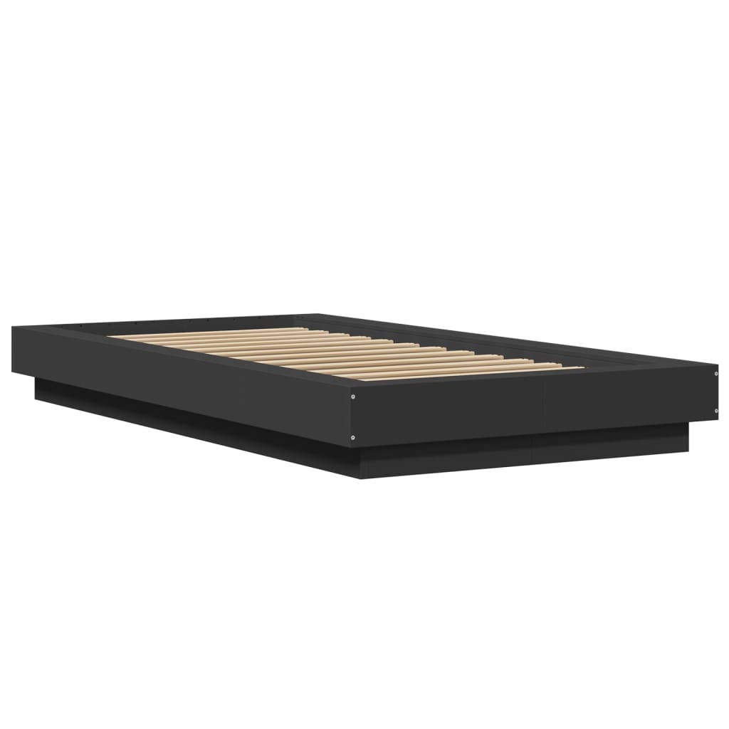 The black small single bed frame with wooden slats