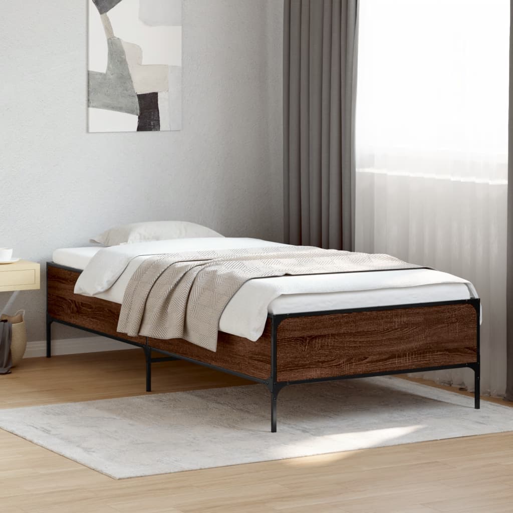 vidaXL Bed Frame without Mattress Brown Oak, a wooden bed frame with black metal legs in a bedroom setting