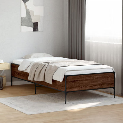 vidaXL Bed Frame without Mattress Brown Oak, a wooden bed frame with black metal legs in a bedroom setting