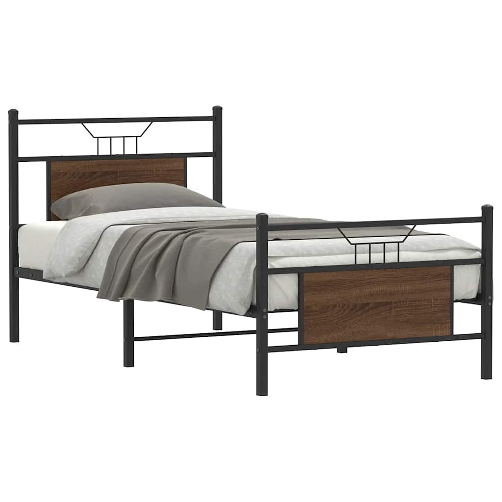 vidaXL Bed Frame without Mattress Brown Oak Engineered Wood, a metal bed frame with wooden effect panels