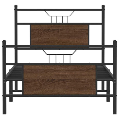 The brown oak engineered wood bed frame shown from the back, highlighting the metal structure