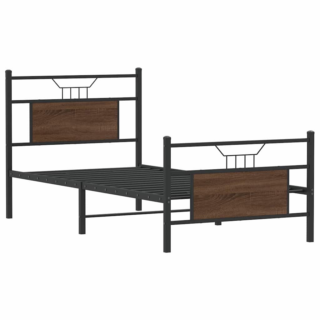 The metal bed frame with wooden effect panels, viewed from the side with mattress slats visible