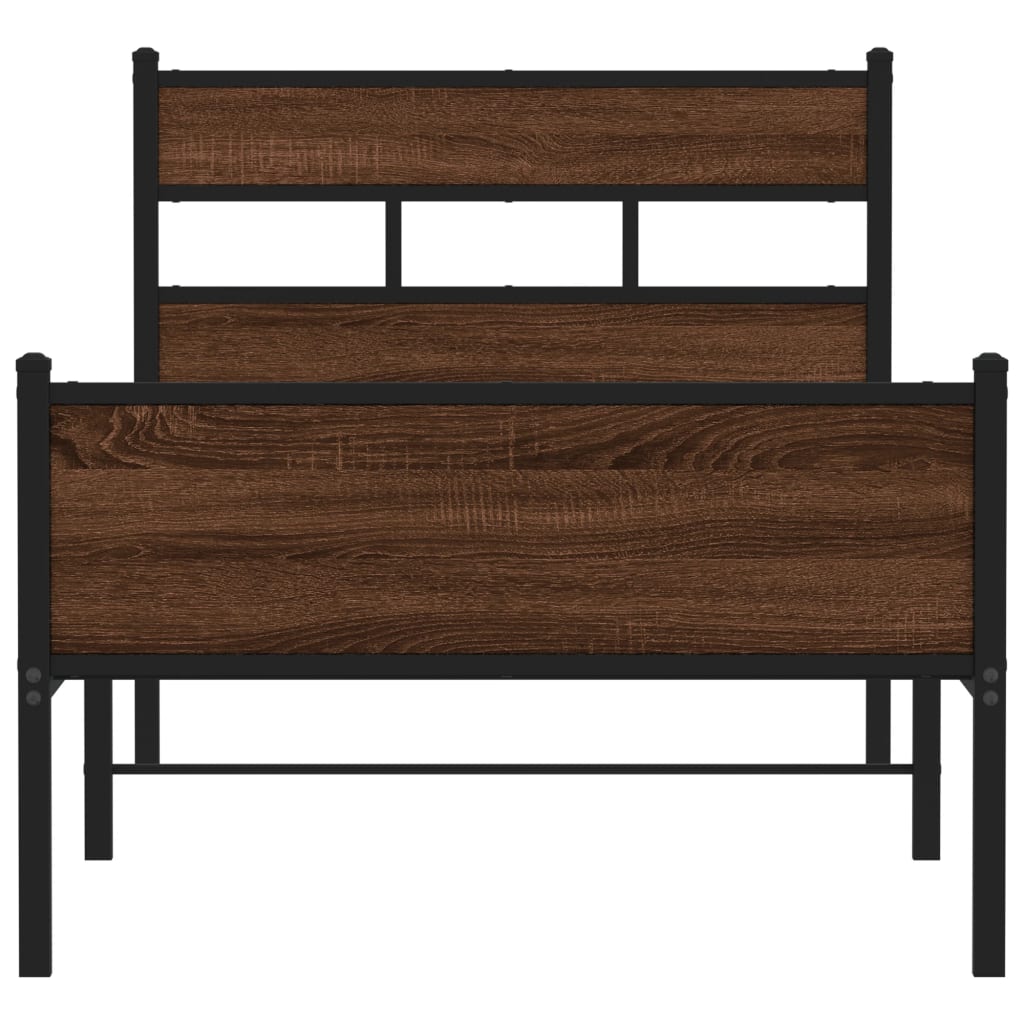Front view of the brown oak effect bed frame with black metal frame and legs