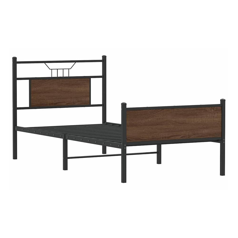 The bed frame without mattress, showing the metal slats and wooden side panels
