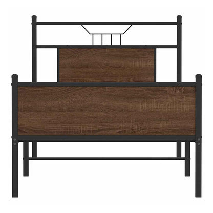 The brown oak bed frame without mattress, viewed from the front with no mattress