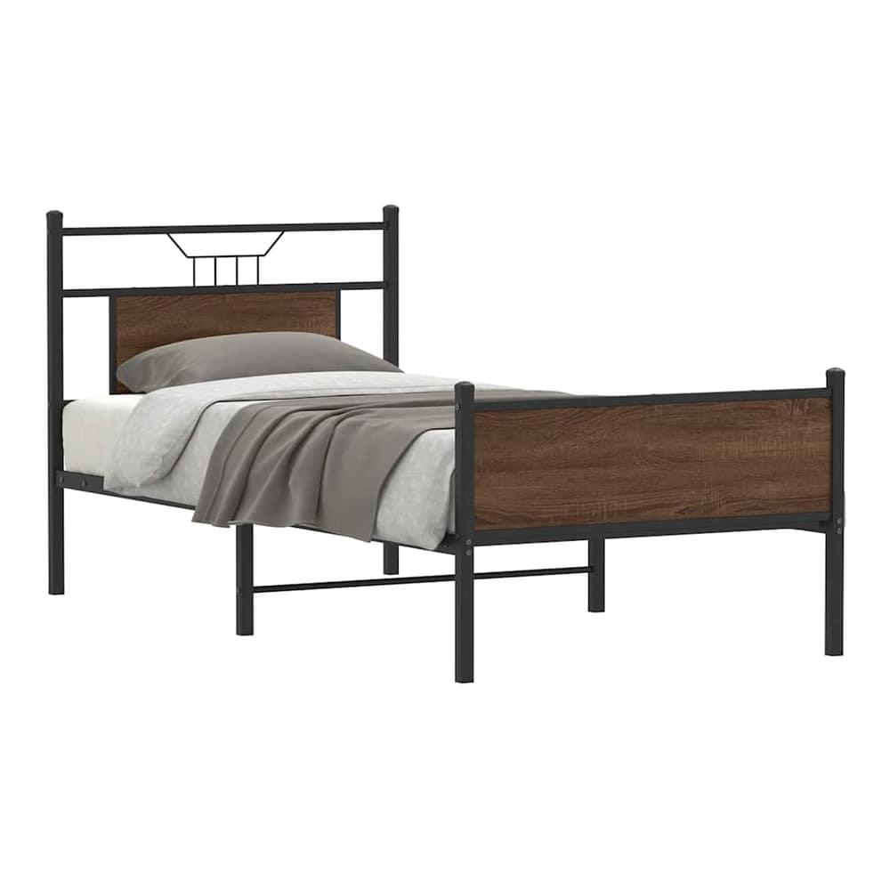 vidaXL Bed Frame without Mattress Brown Oak Engineered Wood, a metal bed frame with wooden headboard and footboard