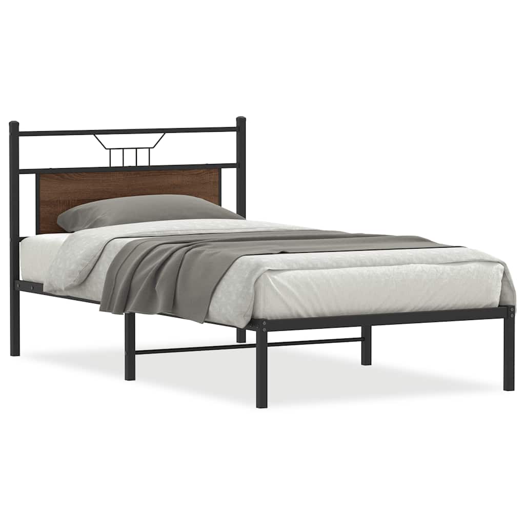 the brown oak engineered wood bed frame, showing the metal structure and wooden headboard detail