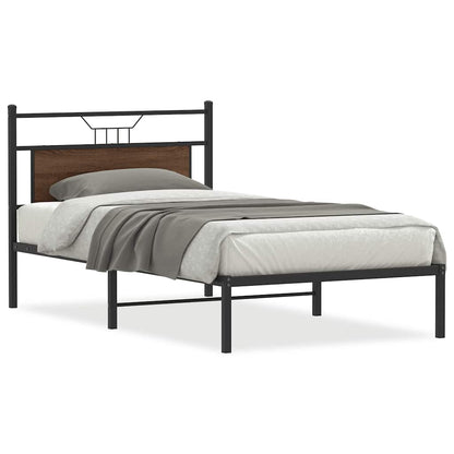 the brown oak engineered wood bed frame, showing the metal structure and wooden headboard detail