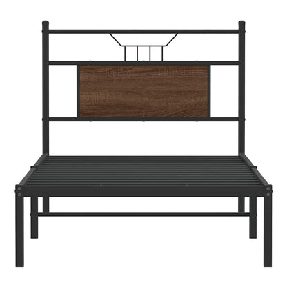 The brown oak engineered wood bed frame, a close-up of the headboard and metal frame