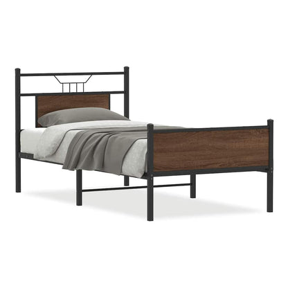 The bed frame with wooden headboard and footboard, showing the metal structure and wood effect panels