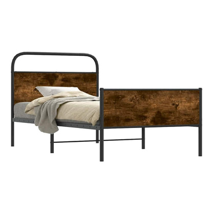 The metal bed frame with wooden effect headboard and footboard, shown from the side