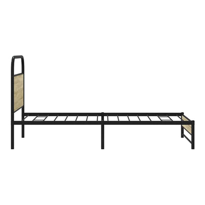 the bed frame from the side showing the metal supports and slatted base