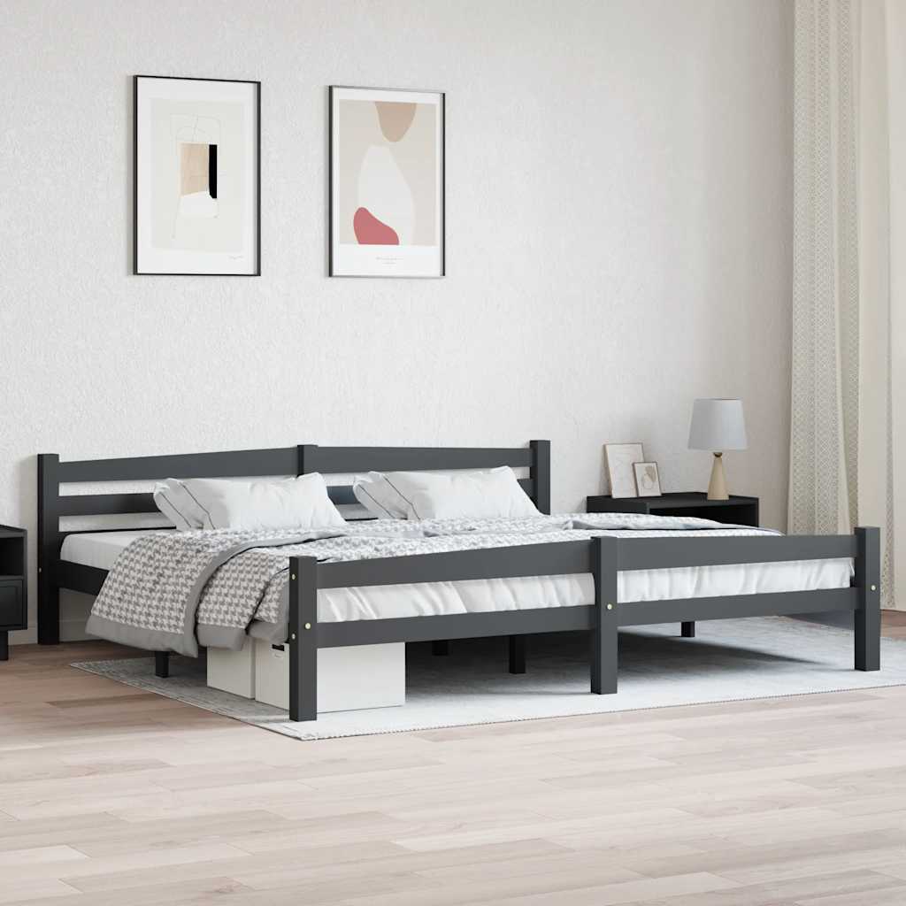 vidaXL Bed Frame without Mattress Dark Grey Solid Pinewood set up in a bright bedroom