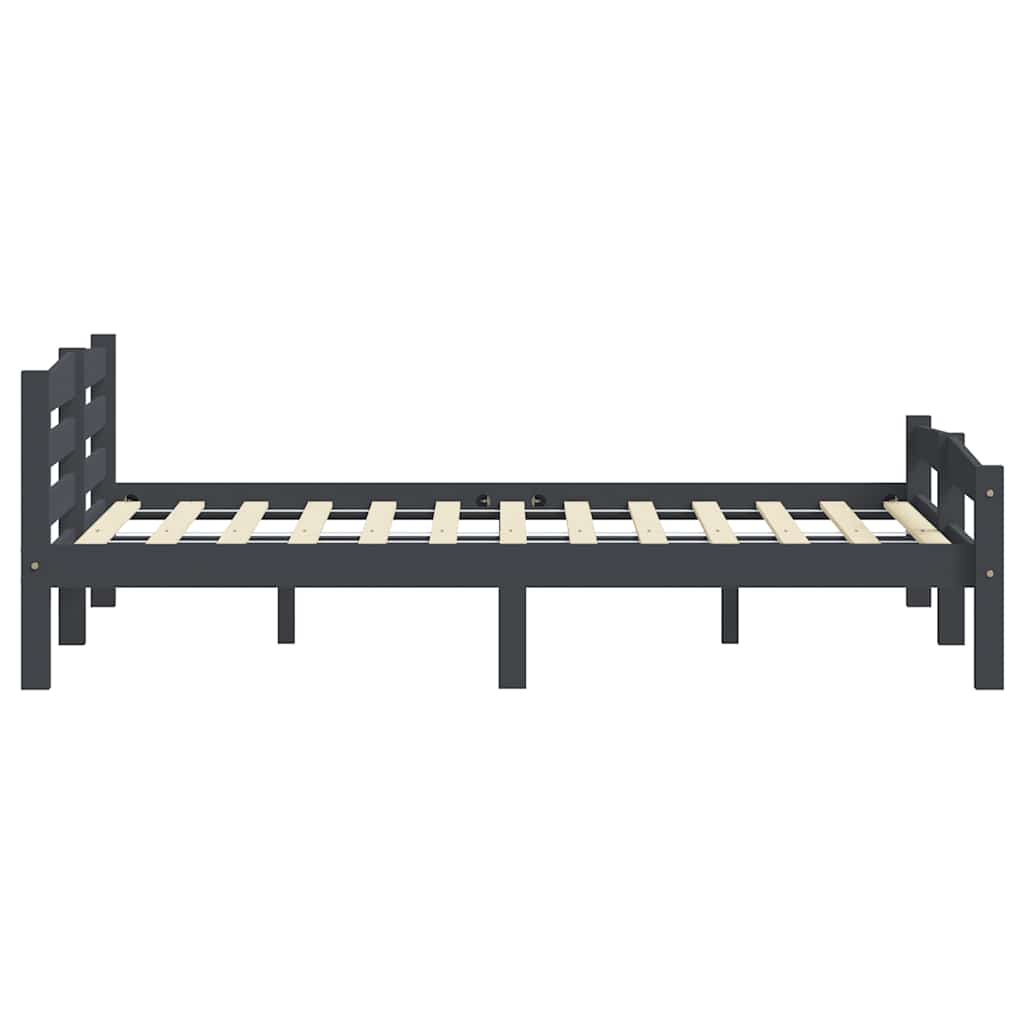 The bed frame viewed from the side showing the support legs and slatted base