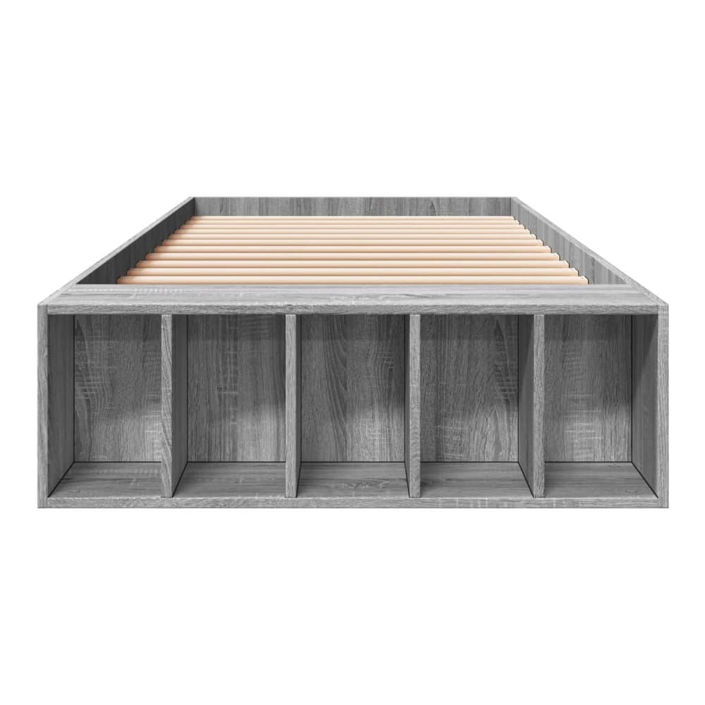 Close-up of the grey Sonoma bed frame showing the storage cubbies