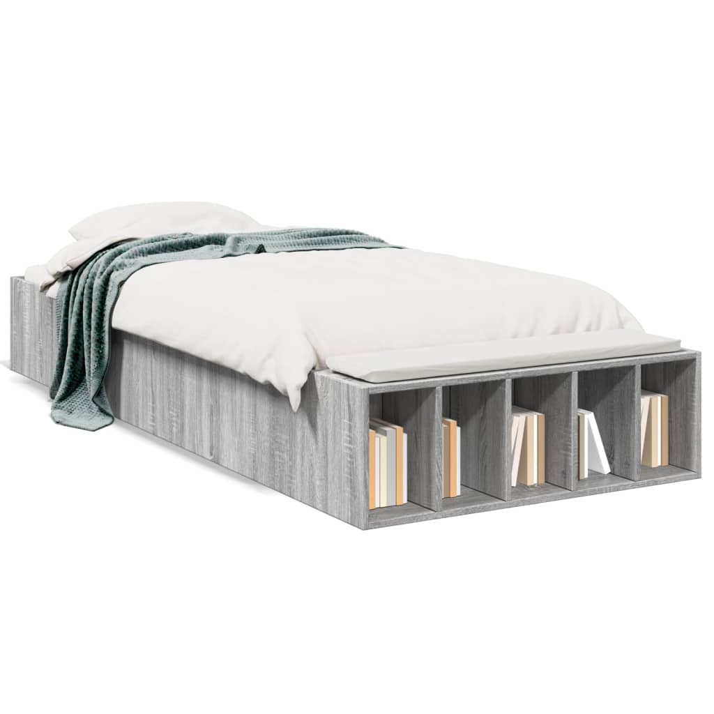 Grey Sonoma small single bed frame with built-in storage shelves