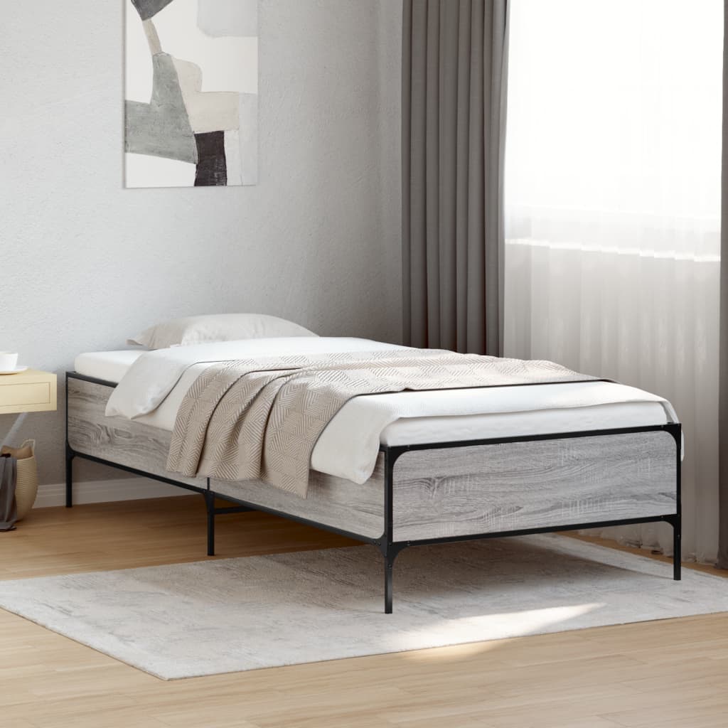 vidaXL Bed Frame without Mattress Grey Sonoma shown in a bright bedroom setting with bedding