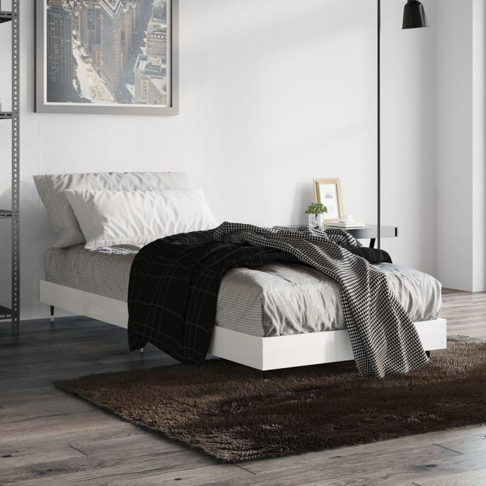 vidaXL Bed Frame without Mattress High Gloss White set up in a bedroom with bedding and a blanket